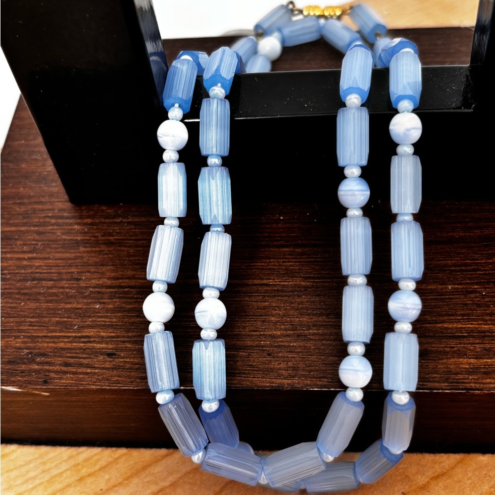 Periwinkle blue colored necklace/ barrel clasp / gold tone / 24 in total length